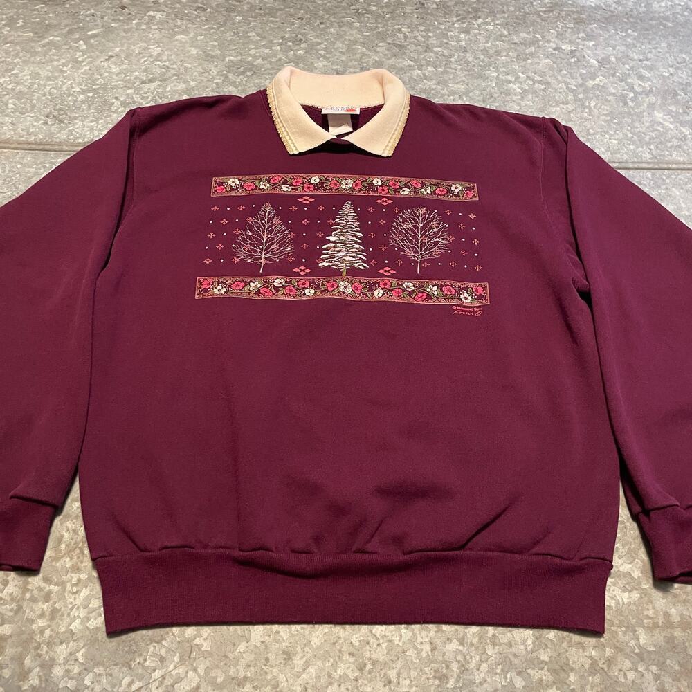 Vintage Morning Sun Christmas Tree Sweatshirt Womens XL USA Collared Snow Scene